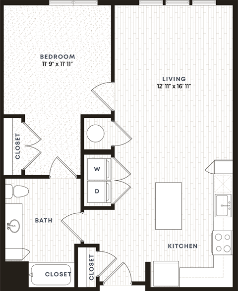 Floor plan for 1 bed, 1 bath, 822 sqft